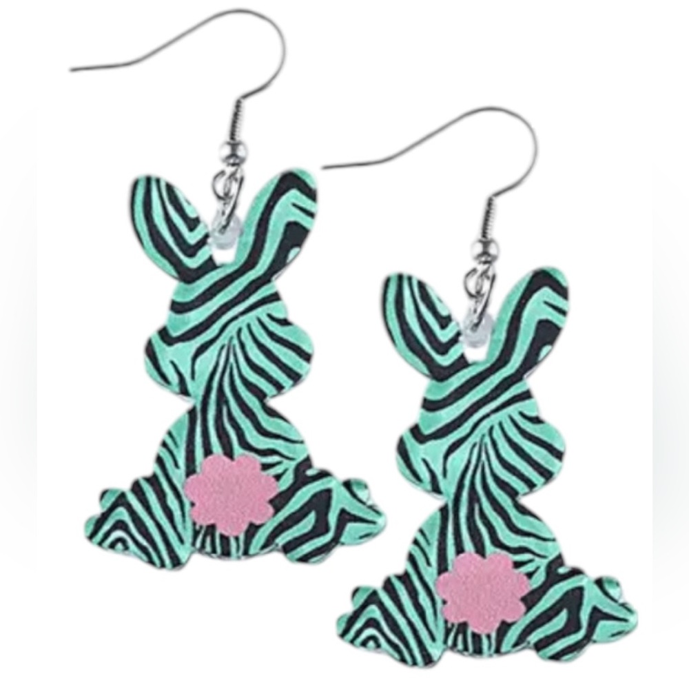 Blue & Black Zebra Striped Bunny Earrings